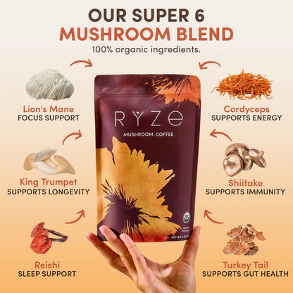 RYZE Organic Mushroom Coffee, Medium Roast, Adaptogenic Blend, 30 Servings