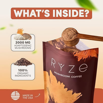 RYZE Organic Mushroom Coffee, Medium Roast, Adaptogenic Blend, 30 Servings