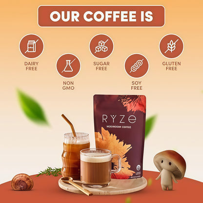 RYZE Organic Mushroom Coffee, Medium Roast, Adaptogenic Blend, 30 Servings